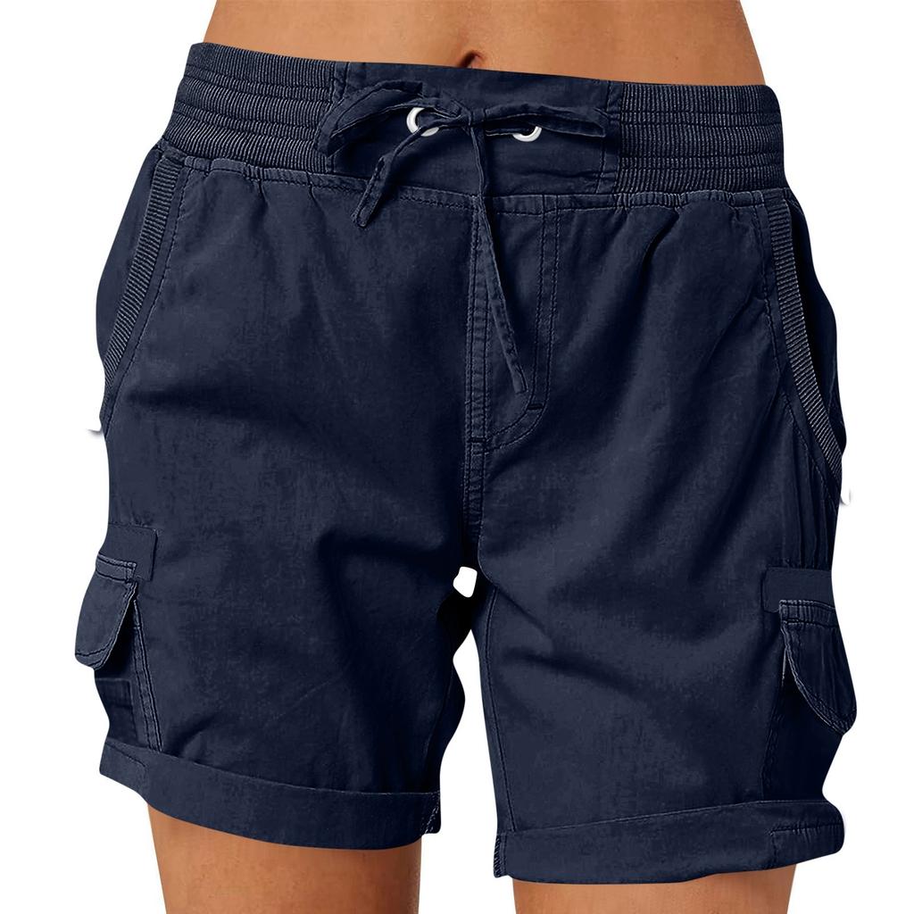 Women's Fashionable Solid Color Pocket Drawstring Casual Work Pants With Elastic Waist And Rolled Edge Five Quarter Shorts