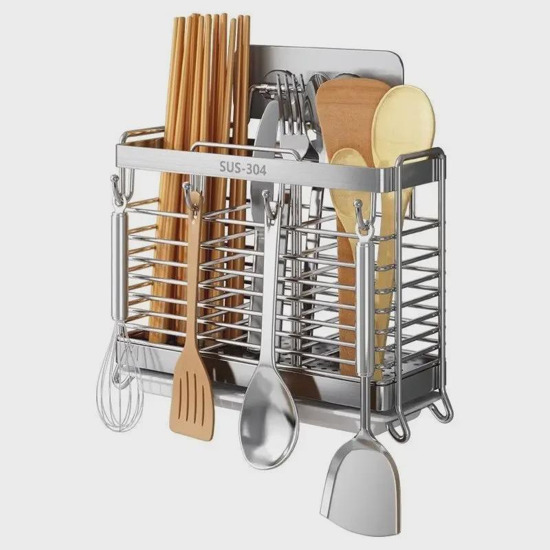 Wall-Mounted 304 Stainless Steel Chopsticks and Utensil Storage Rack