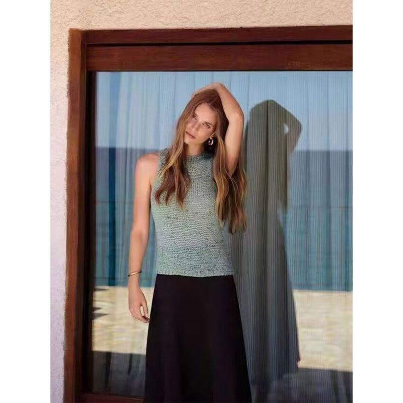 MD Women clothes Mint Mambo Green Series Green Color-Inserted Knitted round Neck Vest Sleeveless T-shirt 05736608498