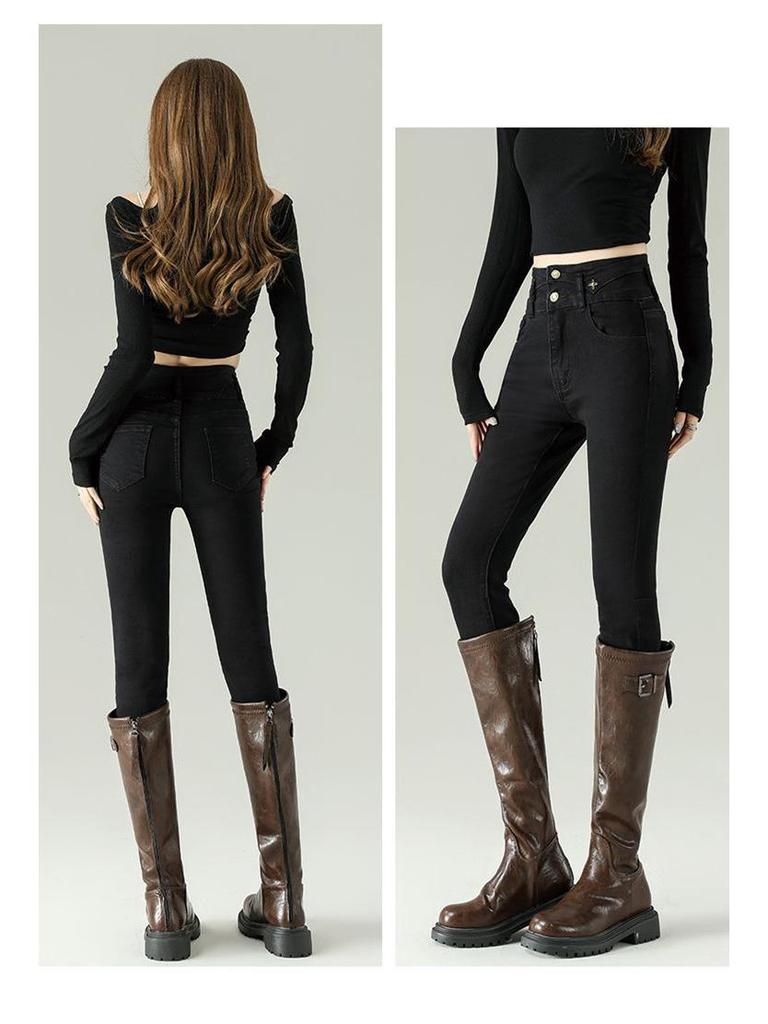 Women's High-Waisted Skinny Stretch Jeans - 2025 Autumn/Winter Plus Velvet Nine-Point Pencil Pants
