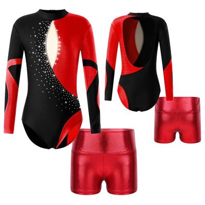 Kinder-Mädchen-Trikot mit langen Ärmeln, offenem Rücken, glänzenden Diamanten verziert, Patchwork-Trikot mit Shorts mit hoher Taille für Tanz- und Gymnastiksportarten