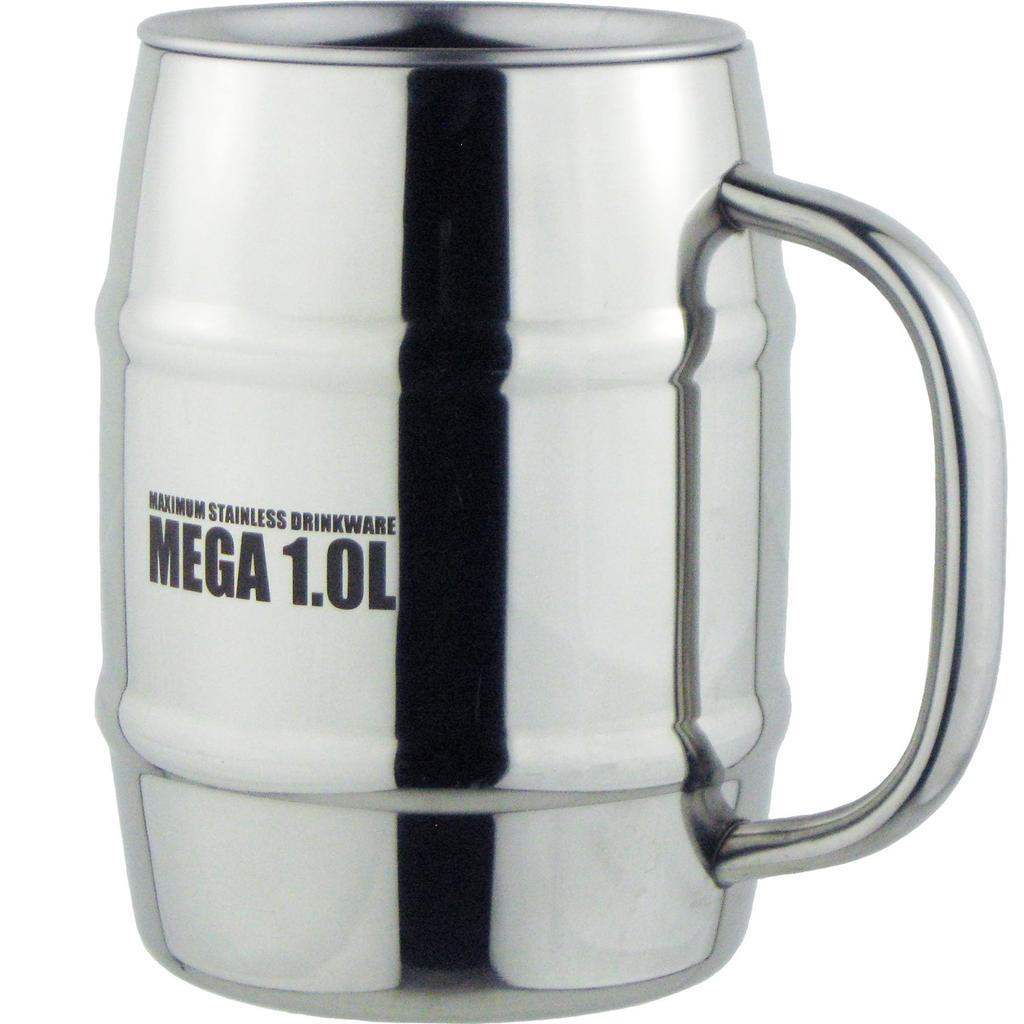 Nagao Mega Mug, 1 Liter, with Lid, Stainless Steel Barrel Shape, Double Vacuum Walled, Highball, Beer, Maximum Stainless Steel Drinkware, 1L