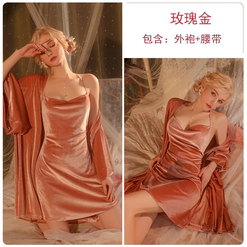 Women's Solid Velvet Lace Backless Cami Sleep Dress with Tie Robe for Fall Winter