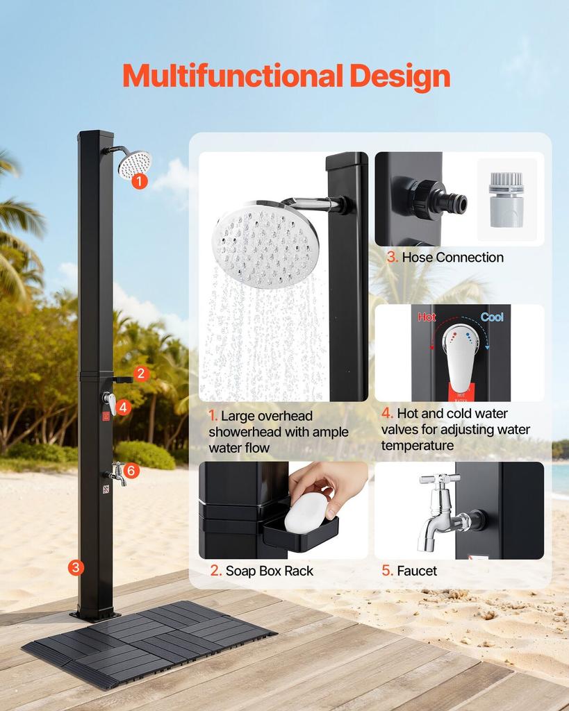 35L Solar Heated Shower, 195cm Showerhead Height Outdoor Shower, with Floor Kit & Foot Faucet, Hot & Cold Water Adjustment, Freestanding for Backyard