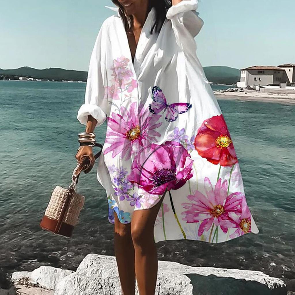 Robe d'été bohème pour femmes, robe chemise imprimée décontractée pour femmes, mode à manches longues, plage hawaïenne, robes de club boutonnées