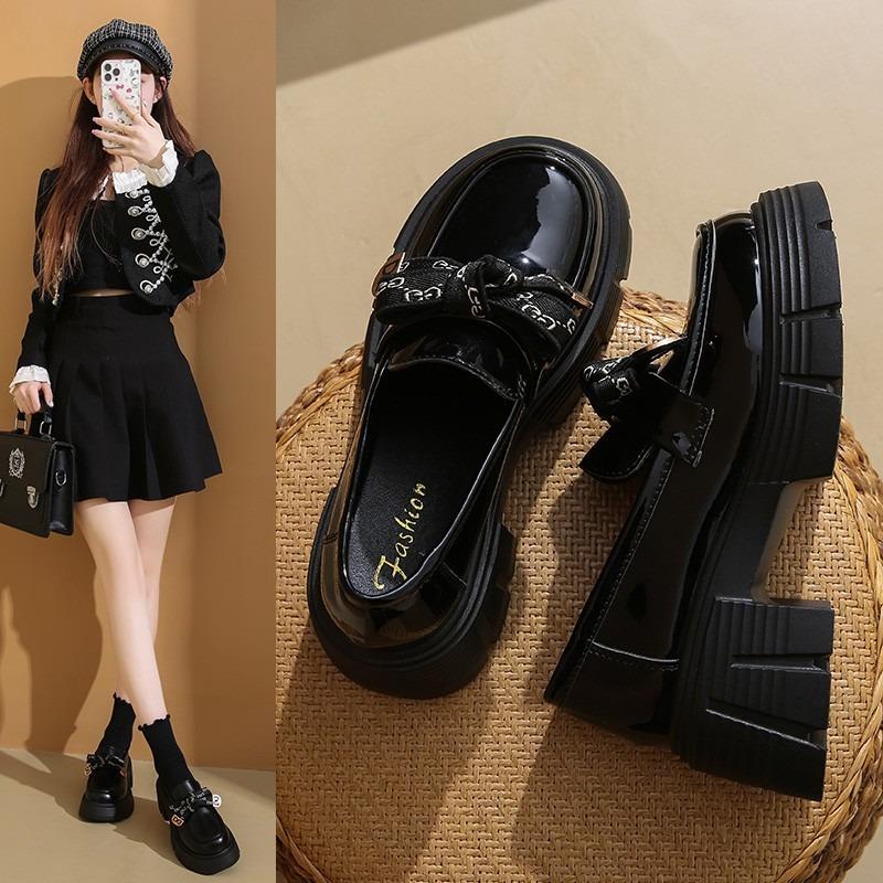 Spring Single Shoes Women's Retro Small Leather Shoes Women's Platform Muffin Shoes Bow One Pedal