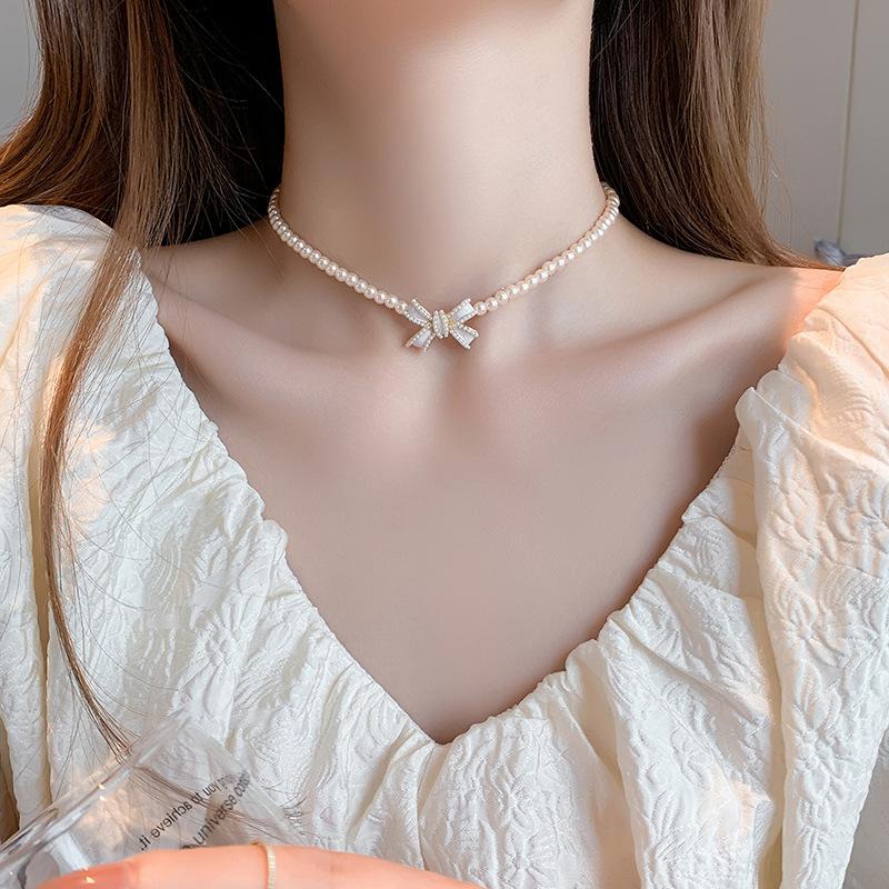 Exquistie Pearl Bow Luxury Necklace For Women Elegant Vintage Fashion Jewelry Bowknot Lady High Quality Necklaces Choker Chain