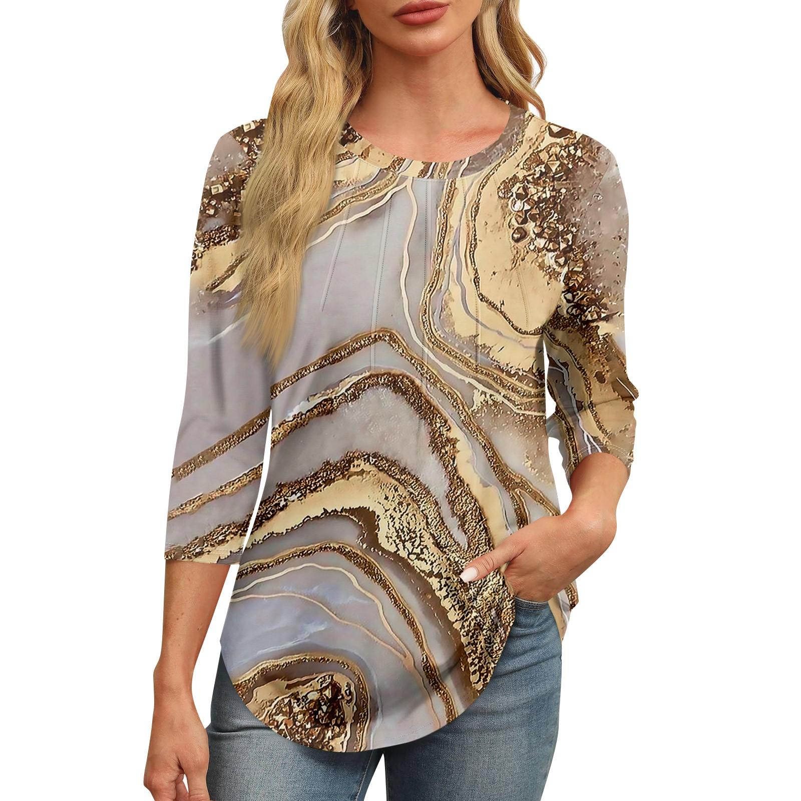 

Жіноча модна повсякденна повсякденна плісирована футболка з круглим вирізом і рукавом 3/4 з принтом XL хакі