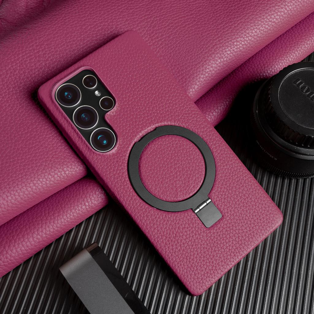 Foldable Bracket Lychee Genuine Leather Case For Samsung Galaxy S26 Ultra S25 FE S24 S23 S22 S21 Plus Back Cover Phone Case Capa