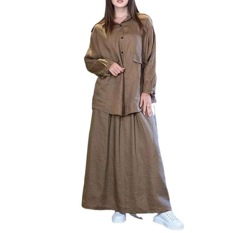 Spring and Autumn New Style Women's Retro Large-sized Lapel Long-sleeved Shirt and Skirt Casual Two-piece Set