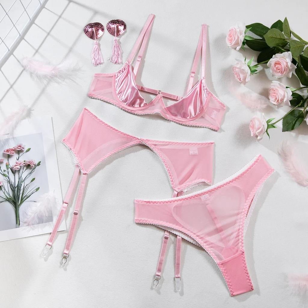 Yimunancy Mesh Lingerie Set Women Erotic Tassel Bra + Heart Panty Underwear Set Sexy Garter Kit