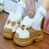 2024 New Bunny Ears Slippers Women's High Platform Mules Shoes Cloud Fur Slipper Woman Winter Stylish Rabbit Bow Accents Slides