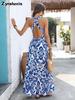 Blue and White Porcelain Floral V-Neck Kimono Robe Dress for Holiday Beach Maxi Dress Women