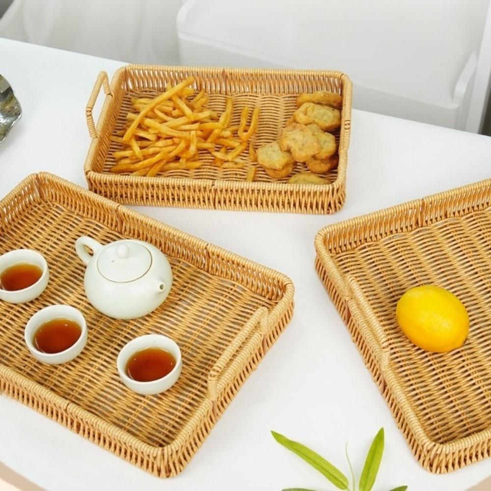 Handwoven Wicker Serving Tray Woven Handheld Plastic Rattan Storage Tray  Kitchen Storage
