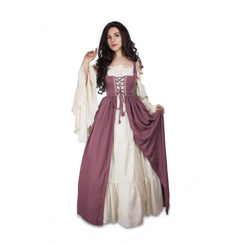 Halloween Costume Square Collar Bundle Waist Medieval Renaissance Vintage Dress