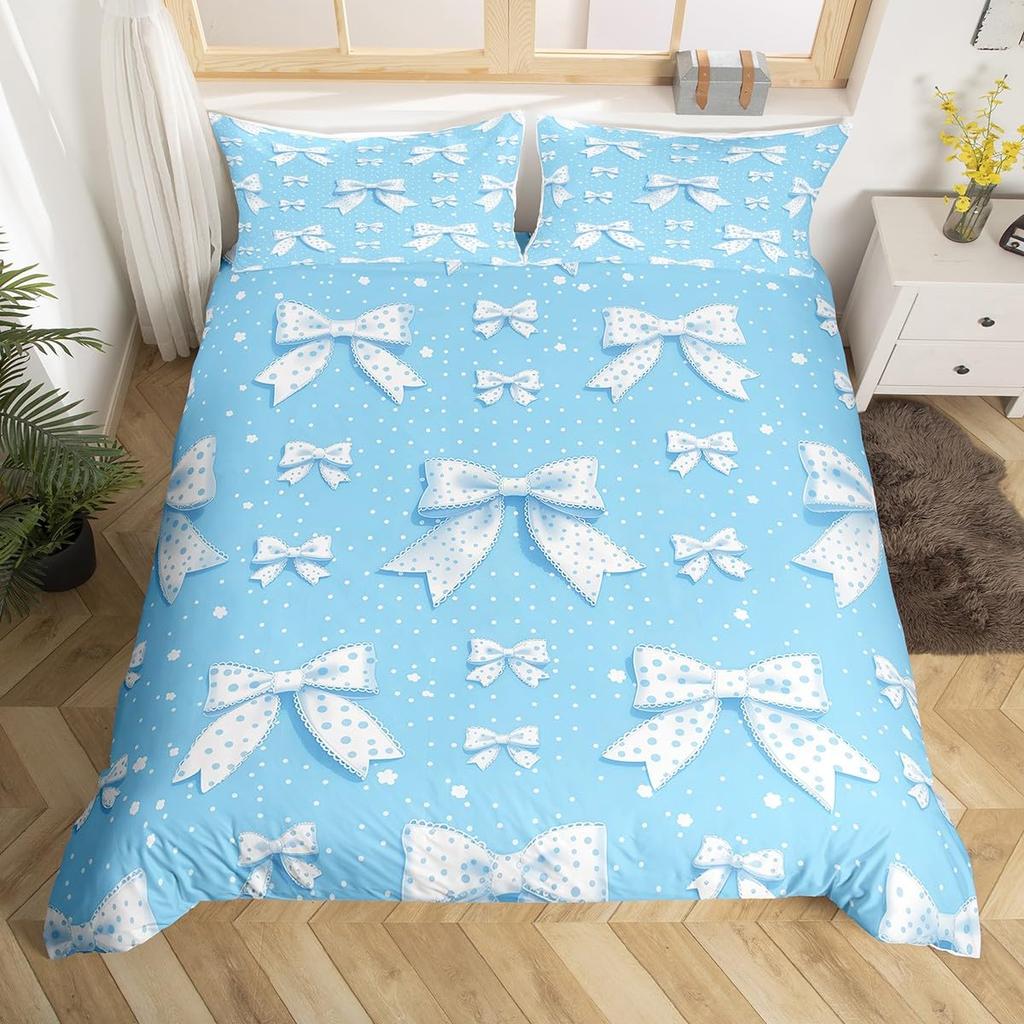 Simple Bow Knot Duvet Cover Twin SizeCartoon Kawaii Bedding SetCute Bows Ribbon Printed Comforter Cover for Girl Women Bedroom