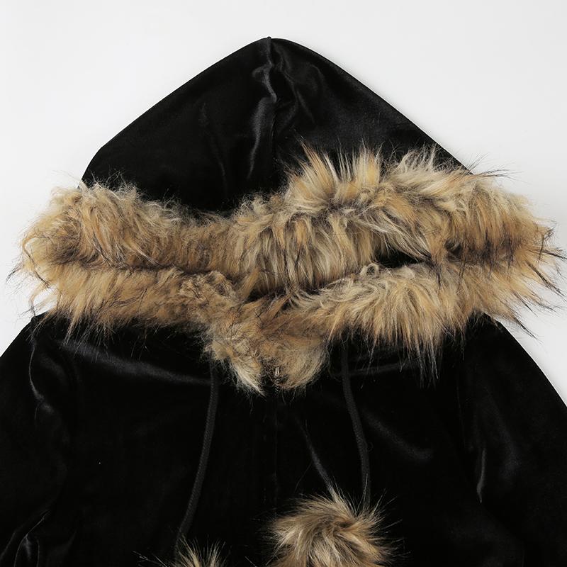 2KWEIRD Y2K Aesthetic Faux Feathers Hooded Cardigan Black Velvet Furry Ball Decorate Zip Up Hoodies Jackets Retro Gothic Coats