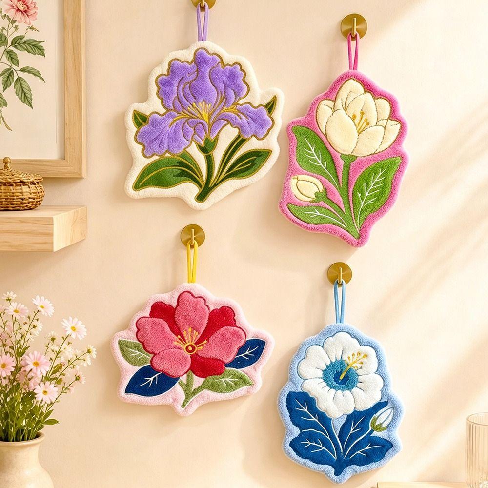 Gifts Coral Fleece Flower Hand Towel Hanging Loop Floral Pattern Hand Drying Towel Thickened Decorative Hand Towel Kitchen