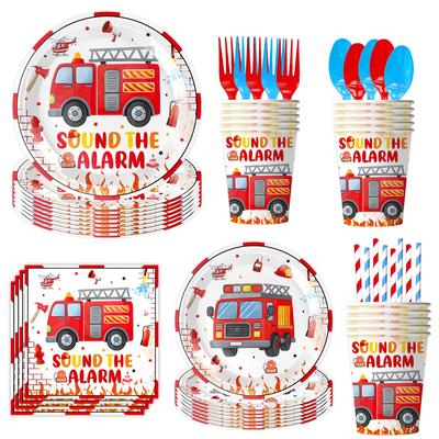 Cartoon Watercolor Fire Truck Birthday Party Tableware & Decoration Set
