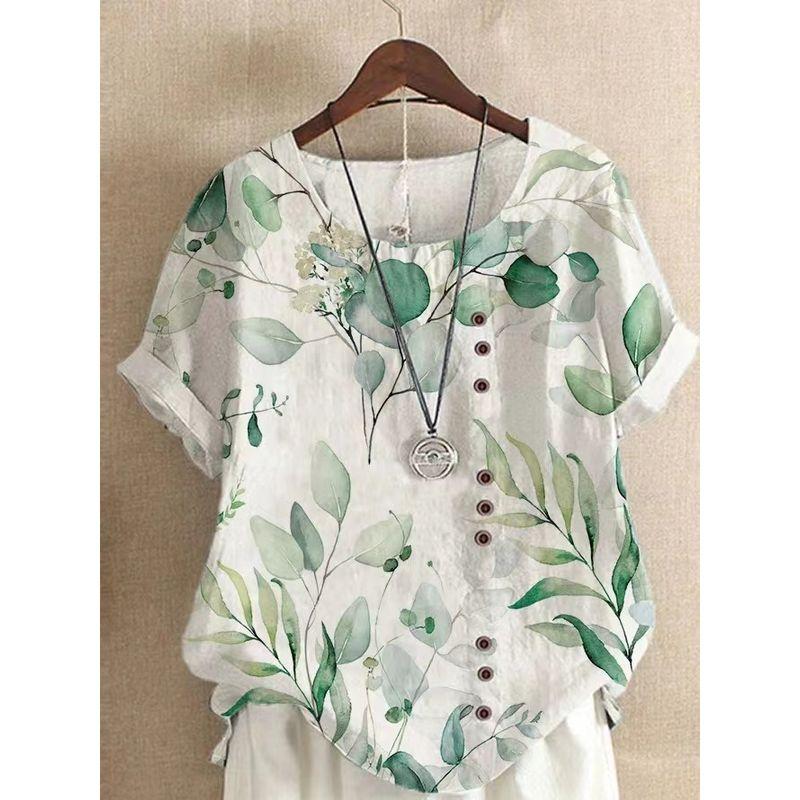 

K-style Plus Size Women s Summer New round Neck Leaves Print Chubby Girl Cotton Linen Short Sleeve T-shirt Blouse Tops Shirt White background + green leaves 5XL