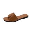 Cool slippers women's summer wear fashion sense metal buckle half slippers soft leather square head flat bottom beach one-word slippers
