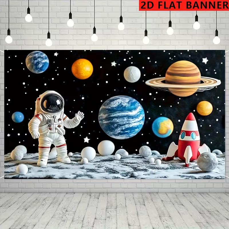 2D Outer Space Banner Astronaut On Moon with Planets and Rocket for Room Decoration