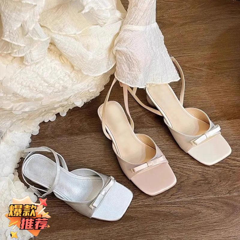 Thick Heel Pink French Cool Slippers Fairy Shoes Wear 2025 New with Skirt Bow Open-toed Sandals
