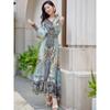 Romantic and Graceful Spring Traditional Chinese Ethnic Slim Maxi Dress with Floral Print V Neck