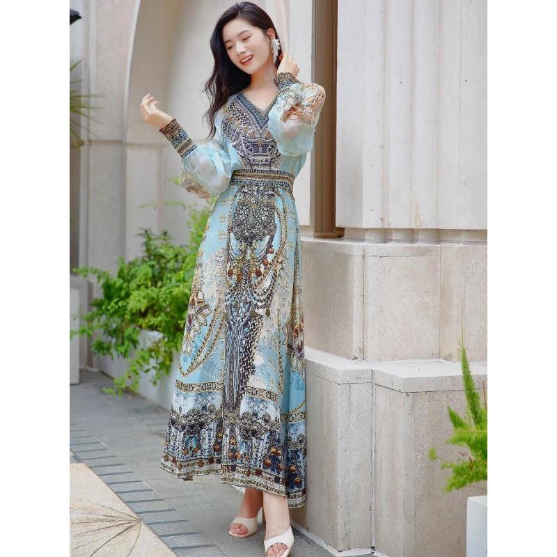 Romantic and Graceful Spring Traditional Chinese Ethnic Slim Maxi Dress with Floral Print V Neck