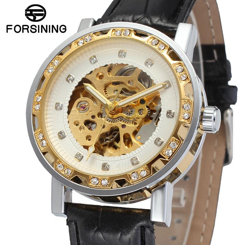 Forsining Three-Pin Automatic Hollow Double Rhinestone Gear Back Through Men'S And Women'S Leisure Mechanical Belt Watch D121