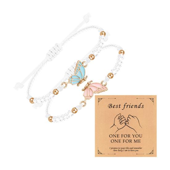 2Pcs/Set Couple Bracelet Adjustable Wax Rope Butterflies Pendant Friendship Love Bracelet with Blessing Card Bestie Matching Jewelry