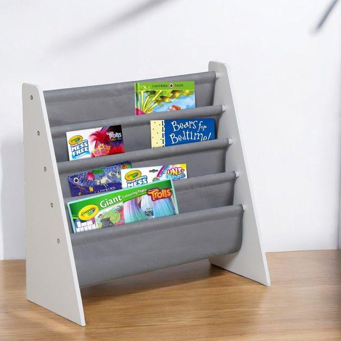GINGER HOME – Étagère Bibliothèque Enfant 4 Compartiments, Meuble de Rangement Livres et Jouets, Blanc/Gris