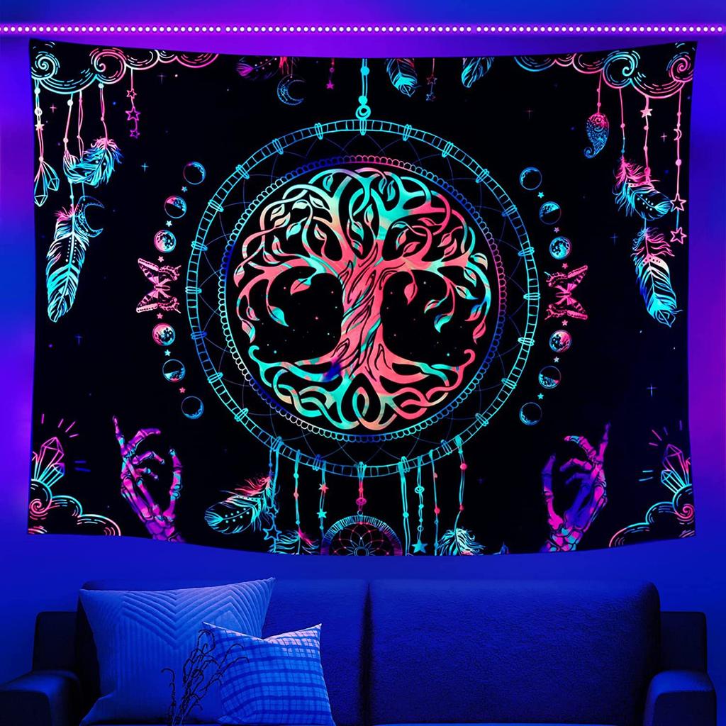 Tapeçaria fluorescente colorida psicodélica de luz negra da árvore da vida com resposta UV para pendurar na parede decoração de quarto hippie