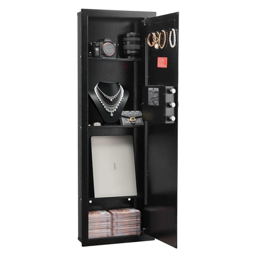 Wall Safe, 4-Tier Hidden Wall Mounted Gun Safe with Password & Key, Q235 Cold-Rolled Steel In-Wall Box with LED Lighting, 3 Adjustable Shelves & Key
