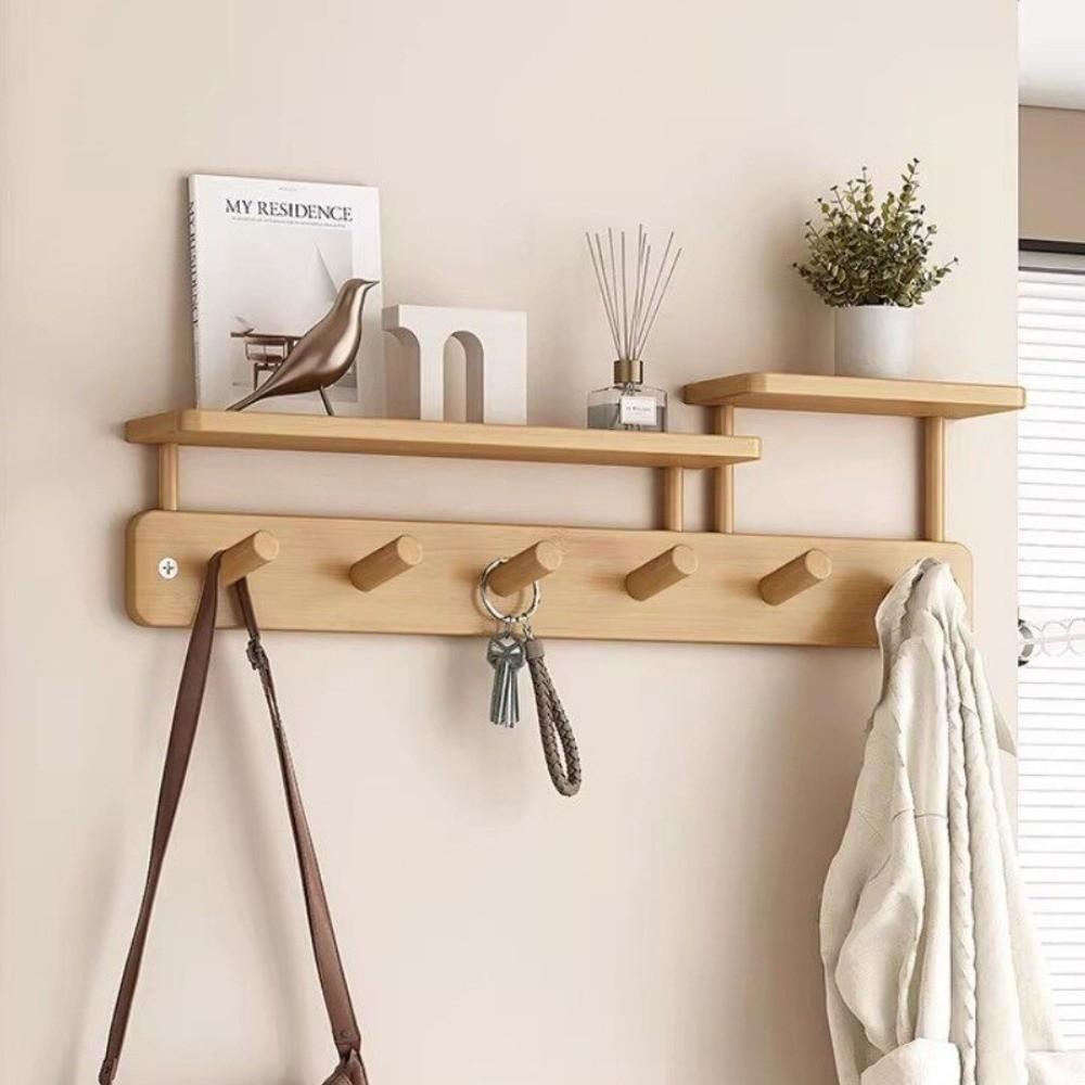 With Hooks Wooden Storage Rack Keys Organizer Hanging Shelf Wall Mounted Coat Rack Entrance Hall