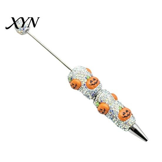 Rhinestone Writing Pen Beadable Pen, Glitter Plastic Beaded Halloween Pumpkin Ghost Skull DIY Set Gel Ink for Craft Making, School Office Supplies