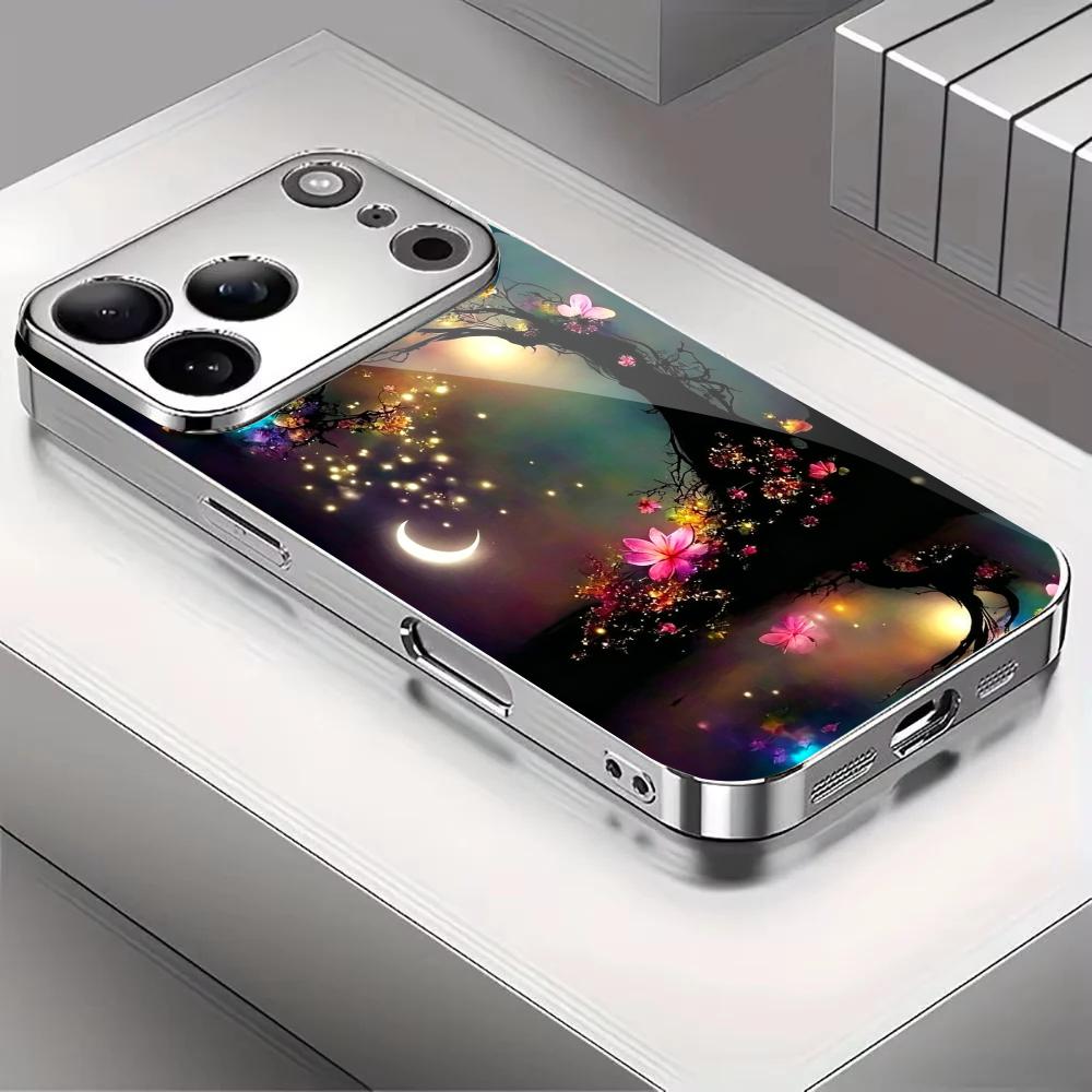 Fantasy Glowing Tree Tempered Glass Phone Case For iPhone 17 16 15 14 13 Pro Max Plus Electroplated Frame Shockproof Hard Cover