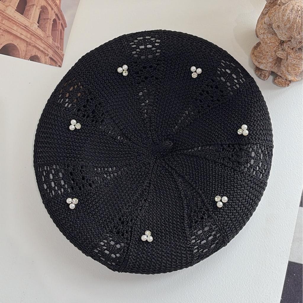 Japanese Style Black Knitted Beret Women Pearl Rhinestone Decor Hollow Out Breathable Literary Painter Cap Spring Summer