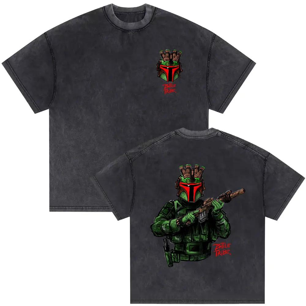 Retro water wash vintage T-shirt bone pattern T-shirt men's and women's Casual gothic punk style short-sleeve shirt