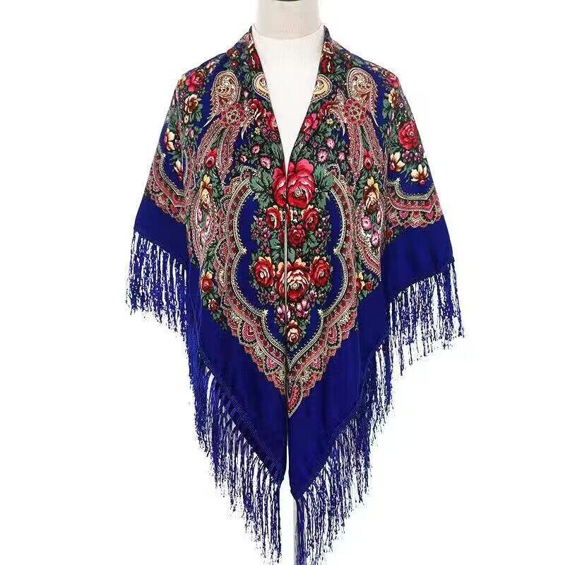 130*130cm Russian Style Floral Print Square Scarf Big Size Bandana Handkerchief Ukrainian Scarves Fringed Shawl Babushka Hijab