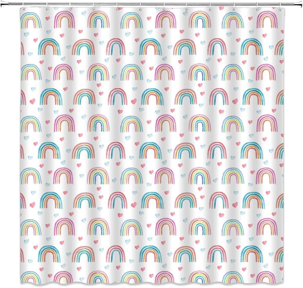 Rainbow Shower Curtain Cartoon Pattern Cute Boho Modern Simple Girls Decoration Bathroom Bathtub Decoration Set with Hooks
