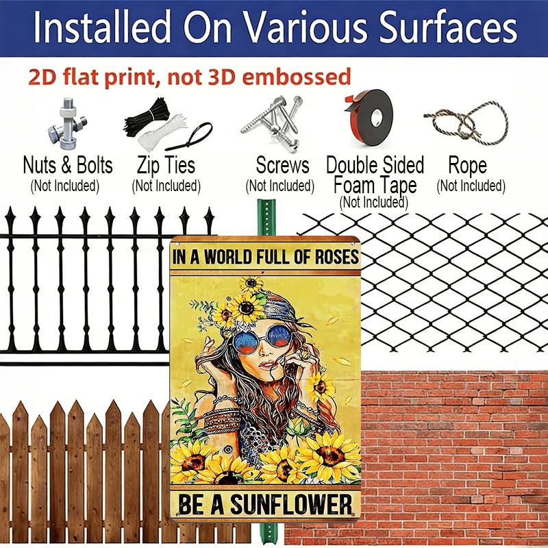 2D Flat 12x8 Inch Retro Metal Aluminum Sign Wall Art - Hippie-Inspired "Be A Sunflower" Inspirational Quote, Vintage Indoor/Outdoor Decor for Home
