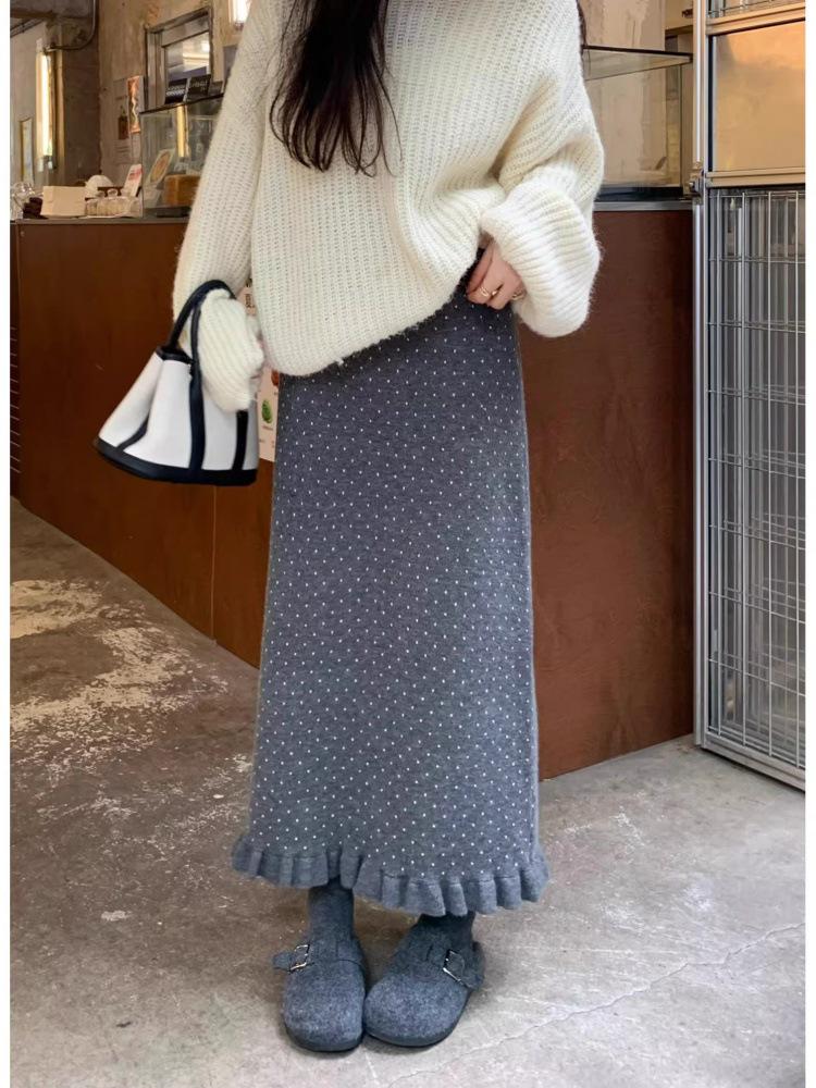 Arctic Fleece High Waist Polka Dot A-Line Skirt - Women's Dark Gray Slimming Mid-Length for Autumn/Winter