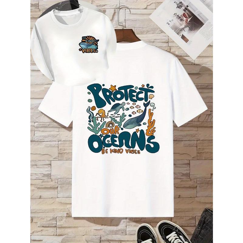 Kids Crewneck T-Shirt, Protect Our Oceans Double Sided Marine Life Print 110