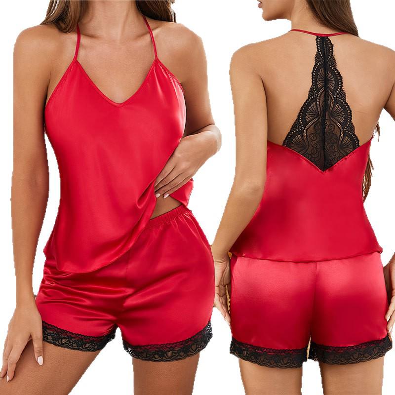 

Сексуальный кружевной комплект пижамы-ками - Европейский и американский стиль, одежда для сна из ледяного шелка Large красный