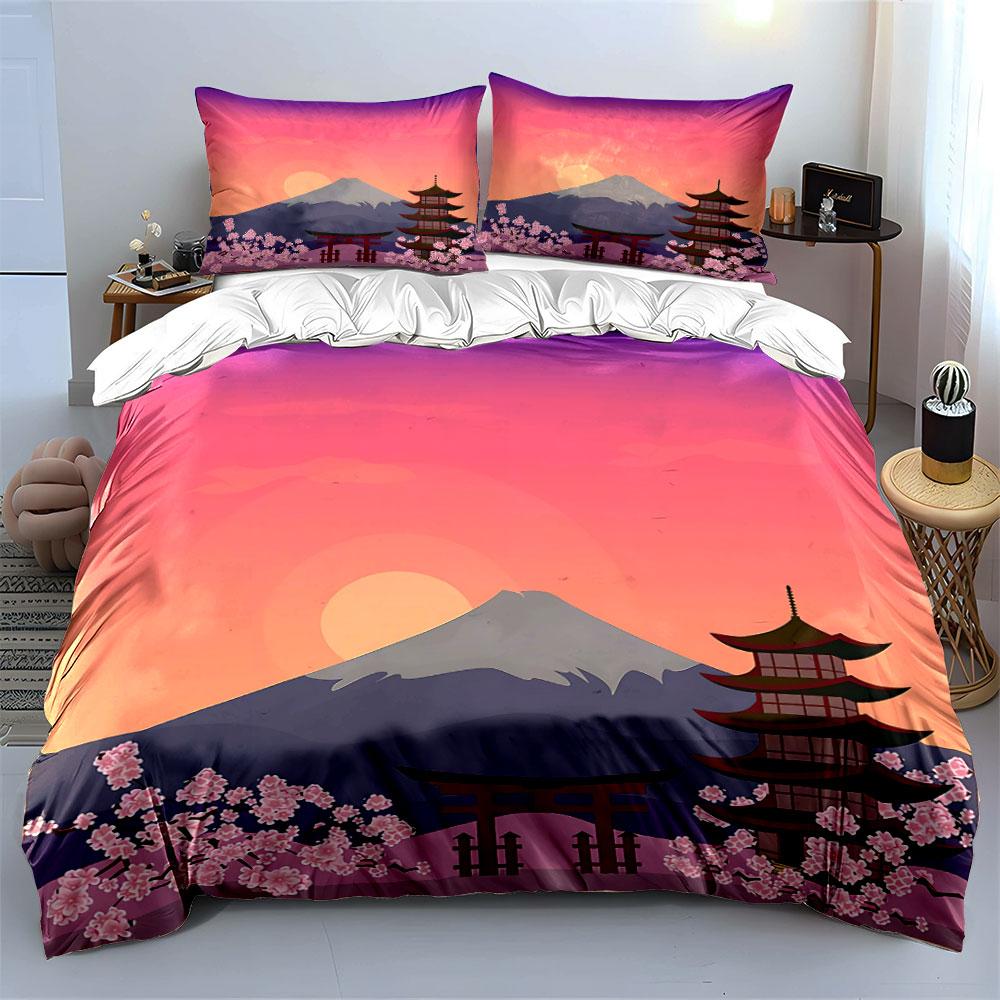 Japanese Landscape Three-Piece Set Decor Soft Skin-Friendly Bedding Set Includes 1 Duvet Cover And 2 Pillowcase Gift