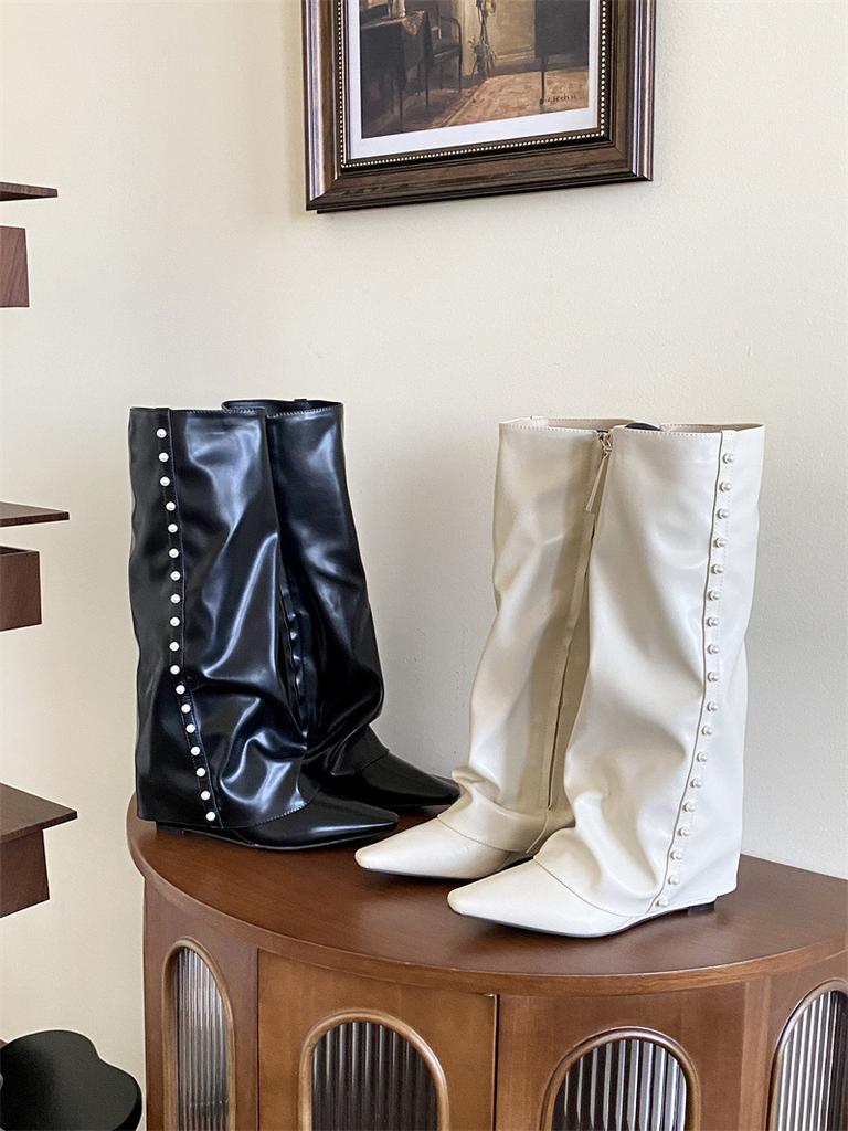 Skinny White Trouser Boots 2025 New Pointed High Knight Boots Wedge Heel Boots Women's Knee-length Boots