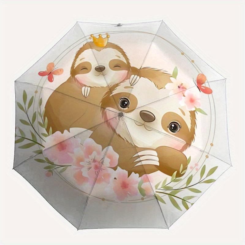 1pc Cute Sloth Family Design Automatic Opening/Closing Umbrella - Portable 3-Fold Design, 8 Iron Frame Outdoor Umbrella, Perfect Gift for Fans, T