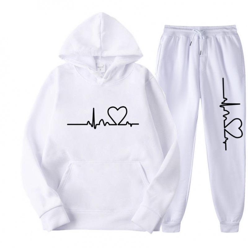 Unisex Heart Pattern Velvet Hoodie Set for Autumn/Winter