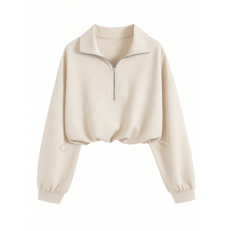 Women Spring Autumn Casual Sports Zipper Lapel Long Sleeve  Solid Color Pullover Hoodies Sweatshirt Top